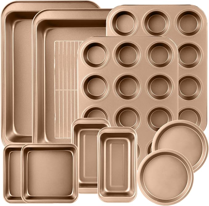 11-Piece Nonstick Baking Pans Set - Professional Grade Carbon Steel Bakeware with Premium Coating- Dishwasher Safe, Stackable, Oven Safe to 450°F (Champagne)