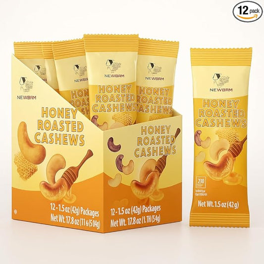 NEWBAM Honey Roasted Cashews ??12 Individual Snack Packs (1.5oz Each) ??Sweet Crunchy Nuts, Healthy On-the-Go Protein Snack ??Gluten-Free, Made in Vietnam