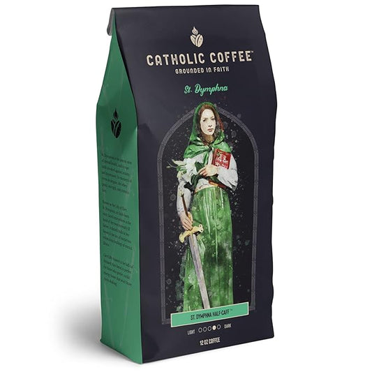 Catholic Coffee St. Dymphna | Half Decaf Medium Roast Ground Coffee ??Nutty & Citrus Notes | 12oz Bag ??Catholic Gift Offering Peace and Balance