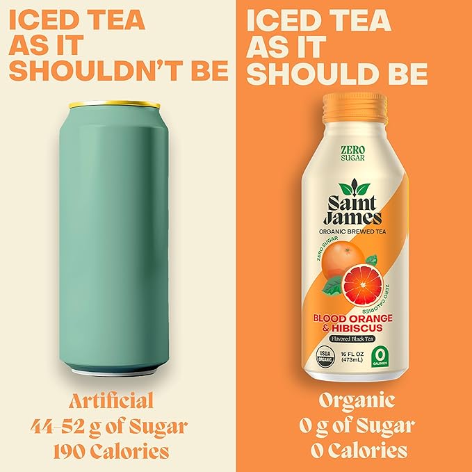 Saint James Iced Tea - Organic Black Tea - Non-GMO, Gluten Free, Zero Calorie, Zero Sugar - Blood Orange, 12 Pack (16 fl oz each)