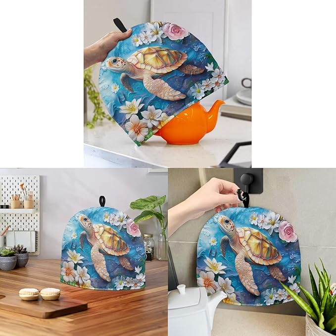 Sea Turtle Flower Print Large Tea Pot Cozies Kettle Quilt Dust Cover Insulated Warming Teapot Dust Cover for English Tea Sets Home Kitchen Decorative Accessories