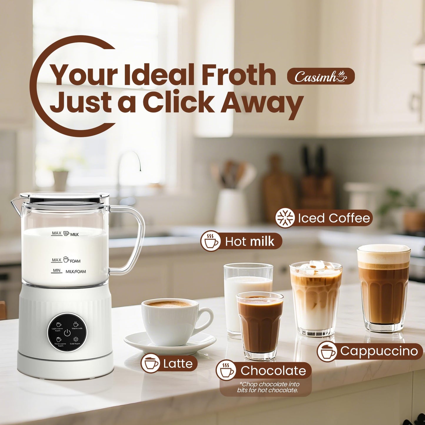 4-in-1 Electric Milk Frother and Steamer for Whole Milk, LED Touch Screen