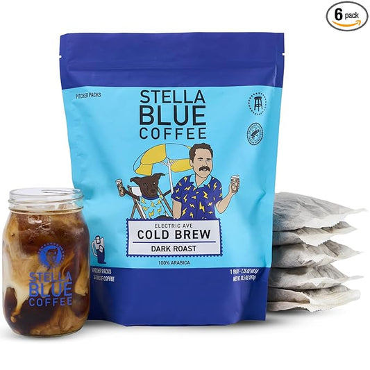 Stella Blue Cold Brew Coffee Packets, Electric Avenue Blend, Dark Roast Ground Coffee, Toffee, Dark Chocolate, and Subtle Smokey Notes, 100% Arabica, 6 Brew Packets, Makes 24 Bold Cups