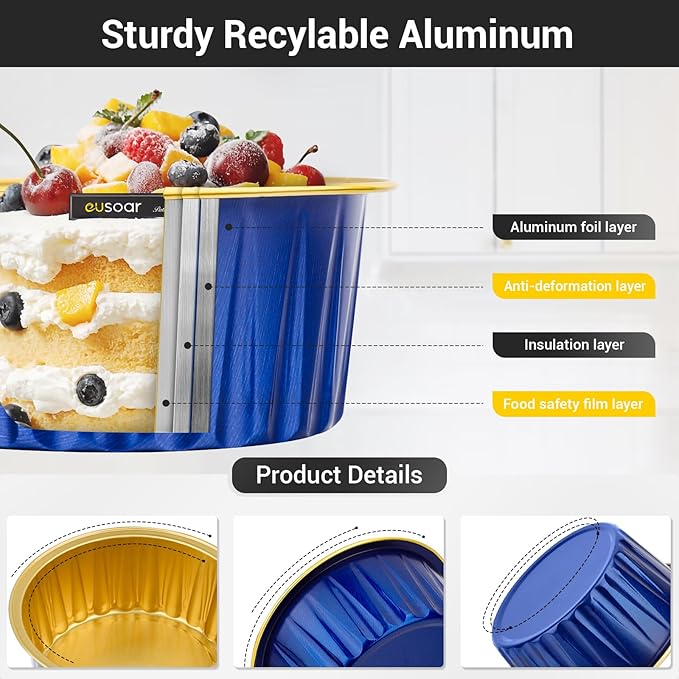 EUSOAR Disposable Ramekins with Lids, Royal Blue 50pcs 5oz Creme Brulee Ramekins Disposable, Muffin Liners Cups，Mini Cheesecake Foil Pans Dessert Containers with Lids for Party Favor Birthday
