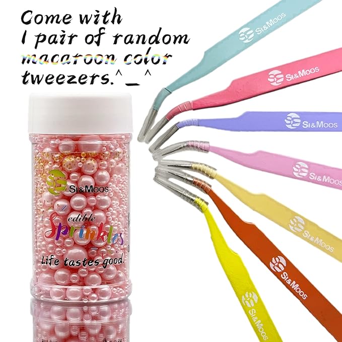 SE Si&Moos Pink Edible Pearls Baby Pink Pearl Sprinkles for Cake Decorating Edible Cake Sugar Pearls Halloween Christmas Cookie Decorations Edible Baby Shower Cake Decorations for Cakes,Cupcakes Toppers 3.5 OZ with Tweezers