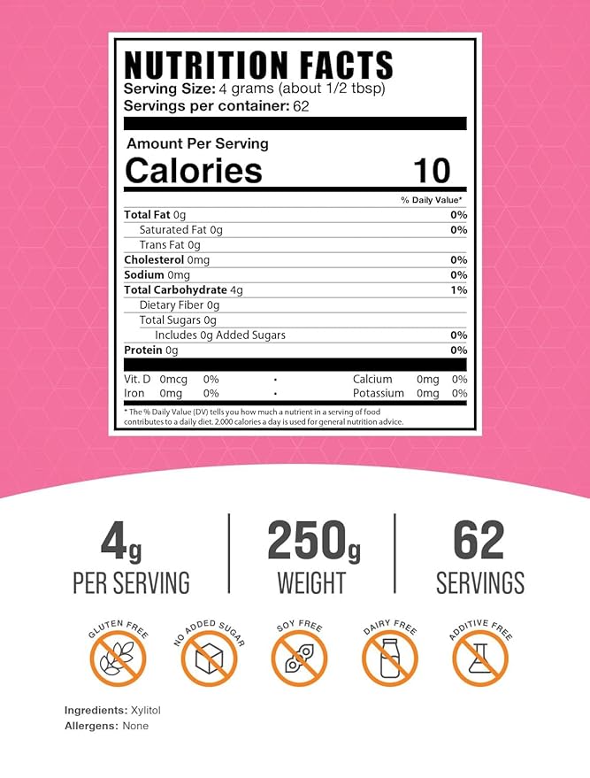 BulkSupplements.com Xylitol Powder - Xylitol Sweetener, Sugar Substitute For Baking & Cooking - Low Calorie & Gluten Free, 4g per Servings, 250g (8.8 oz) (Pack of 1)