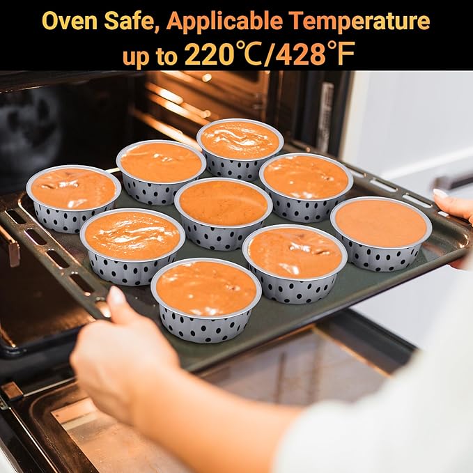 Beasea 8oz Aluminum Ramekins 100 Pack, 3.9" Disposable Baking Foil Cups Mini Ramekin Cup Cupcake Aluminum Baking Cups for Party - Black Dot in White
