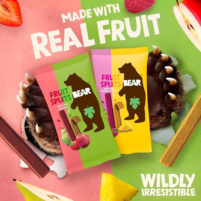 BEAR Real Fruit Snack Splits - Gluten Free, Vegan, and Non-GMO - Variety Pack (Apple/Strawberry, Raspberry/Pineapple)??Healthy School And Lunch Snacks For Kids And Adults, 0.7 Ounce (Pack of 20)