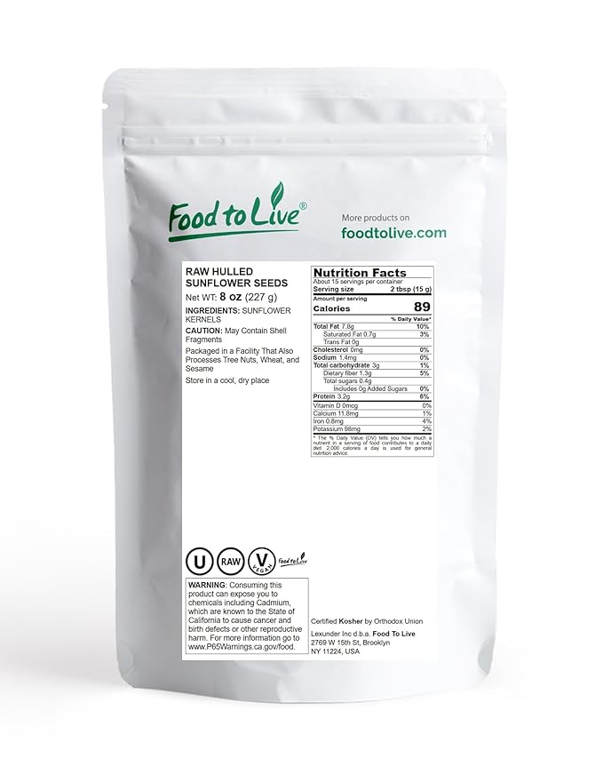 Food to Live Sunflower Seeds, 8 Ounces – Non-GMO Verified, Kernels, No Shell, Kosher, Raw, Vegan, Sirtfood, Bulk