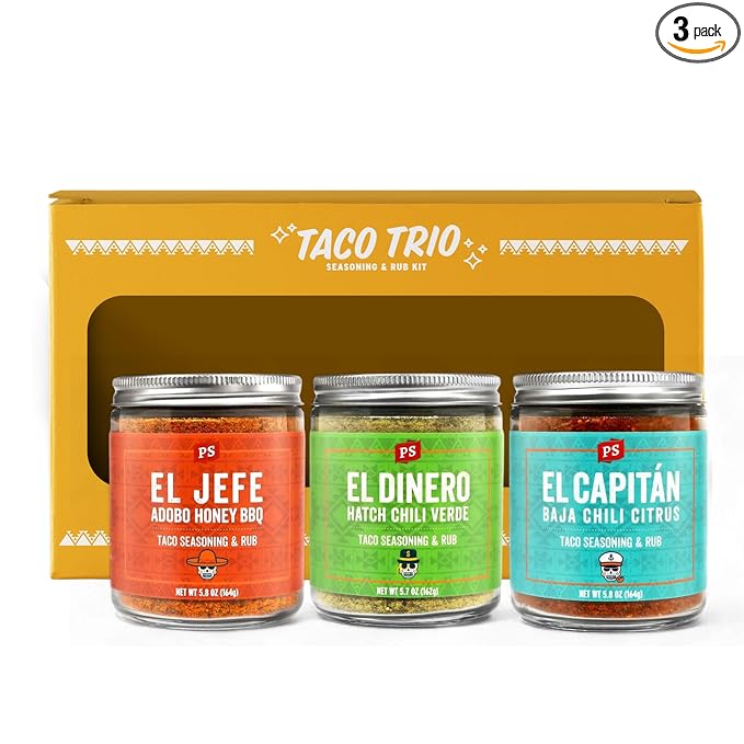 PS Seasoning Taco Box ??El Jefe, El Dinero, El Capitan - Complete Taco Tuesday Seasoning Kit & BBQ Dry Rub Variety Pack - Unique Mexican Seasoning Spice Blends for Tortillas, Fajitas, Burritos & more