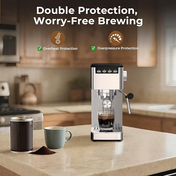 20 Bar Espresso Machine with Milk Frother, Semi-automatic Compact Coffee Maker with Steam Wand for Cappuccino/Latte, 42oz Removable Water Reservoir, Ideal for Home/Office, Stainless Steel