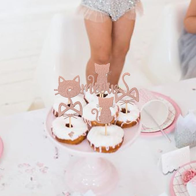 YCTHUNFISH Cat Cake Toppers - 24 Pc Black Glitter Kitten Themed Cupcake Decorations for Wedding, Birthday, Baby Shower - Rose Gold