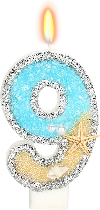 9th Birthday Candle for Cake, Beach Starfish Sequins Candles, 2.76 inch Cake Topper Decoration for Birthday Party (Number 9)
