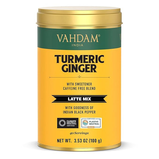 VAHDAM, Golden Milk Powder/Turmeric Ginger Latte Mix (100g, 40 Cups) Caffeine-Free | Powerful Curcumin, Turmeric Powder & Ginger | Brew Hot/Iced Tea