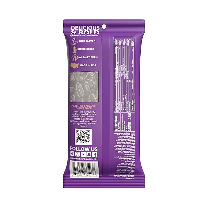 SMACKIN' Sunflower Seeds, Roasted Jumbo Small-Batch, American Made - Cinnamon Churro. 1.5oz bags (36 Pack)