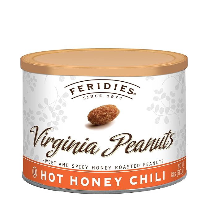 FERIDIES Extra Large Hot Honey Chili Virginia Peanuts, 18oz Resealable Tin