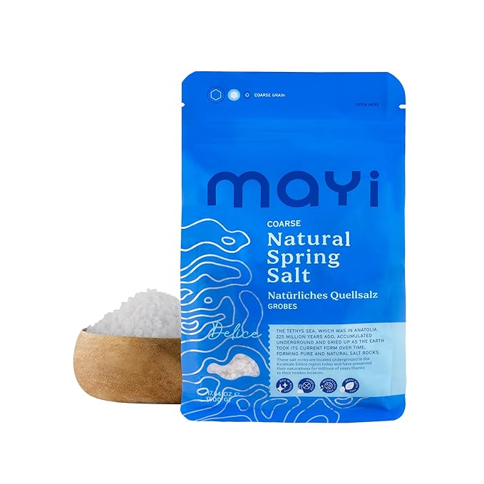 MAYİ Ancient Natural Spring Coarse Salt 1.1 lb - Hand-Harvested, Kosher, Microplastic-Free, Mineral-Rich, Diamond Crystal, Unrefined Salt for Electrolyte Drinks, Cooking, Canning, Low Sodium