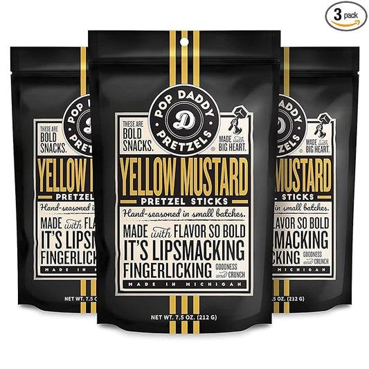 Pop Daddy Flavored Pretzels Sticks, Healthy Gourmet Pretzels Snacks, 7.5oz Individual Bags, 3 Pack, Yellow Mustard