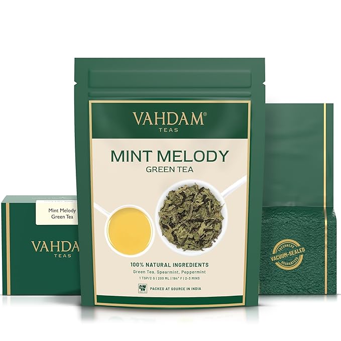 VAHDAM, Mint Green Tea Loose Leaf (50+ Cups, 3.5 oz) Cool Peppermint Tea With Himalayan Green Tea Leaves | Low Caffeine | High Elevation Grown | Vacuum Sealed for Freshness