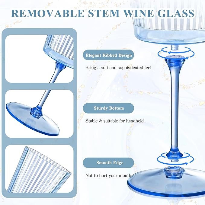 12 PCS Blue Ribbed Plastic Wine Glasses 13.5 OZ Ribbed Wine Glasses Detachable Wine Glass Elegant Fluted Glassware Vintage Style for Wedding Anniversary Birthday Dinner Parties(Blue, 12 Pack)