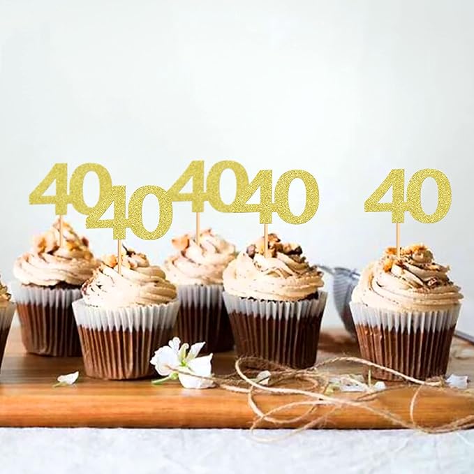 24PCS Gold Glitter 40th Birthday Cupcake Toppers Number 40 Birthday Celebrating Cake Decorations Supplies for Anniversary Party