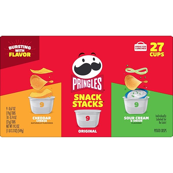 Pringles Potato Crisps Chips, On-the-Go Snacks, Snack Stacks, Variety Pack, 19.3oz Box (27 Cups)