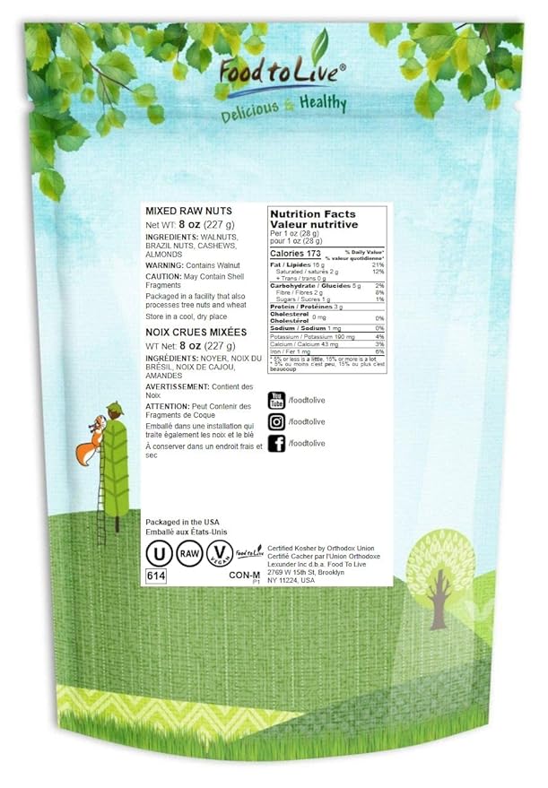 Food to Live - Mixed Raw Nuts, 8 Ounces Cashews, Brazil Nuts, Walnuts, Almonds, Unsalted, Raw, Kosher, Vegan, Bulk