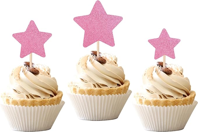30 PCS Little Star Cupcake Toppers Glitter Twinkle Star Cupcake Picks Wedding Engagement Bridal Shower Baby Shower Birthday Party Cake Decorations Supplies Mixed Size Pink