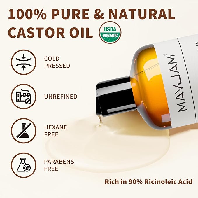 Organic Castor Oil 16 oz, 100% Pure Cold Pressed Castor Oils for Hair Growth, Eyebrows, Eyelash, USDA Certified Castor Carrier Oil for Body, Skin & Face Moisturizer, Hexane-Free