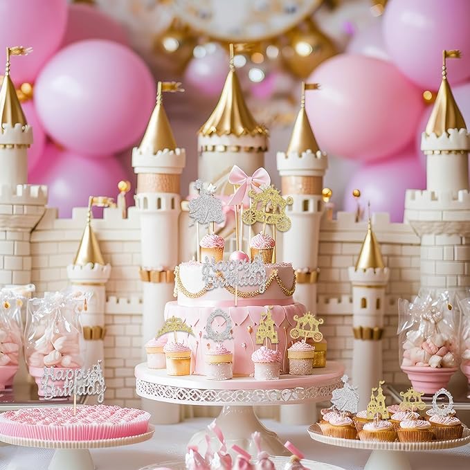 24pcs Gold Castle Cupcake Toppers Glitter Princess Prom Crown Cupcake Toppers for Princess Birthday Party Decorations Baby Shower Cake Decorations Supplies halloween party decor