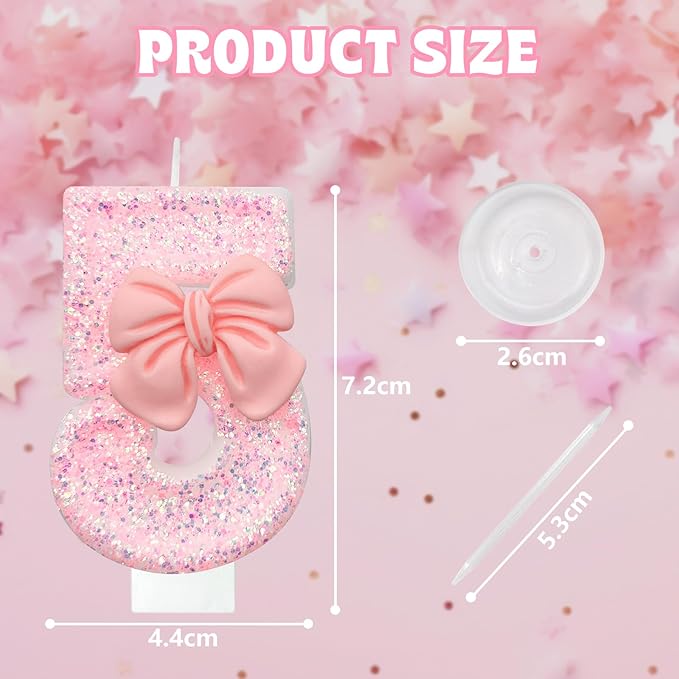 Birthday Cake Candles, Pink Glitter with Bow Cake Candles, Birthday Party Cake Toppers, Cute Birthday Candle Decorations (5)