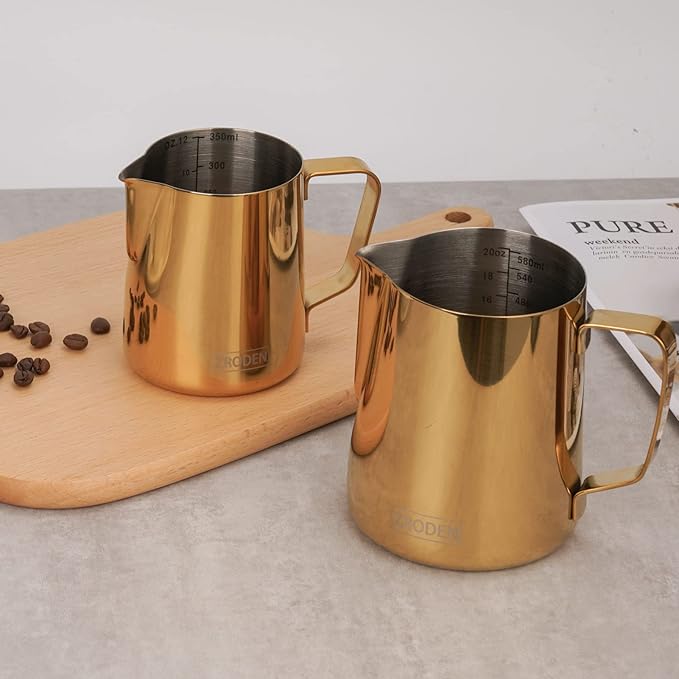 Milk Frothing Pitcher, 12oz Espresso Steaming Pitchers Stainless Steel Milk Coffee Cappuccino Barista Steam Pitchers Milk Jug Cup with Decorating Pen Latte Art, Gold