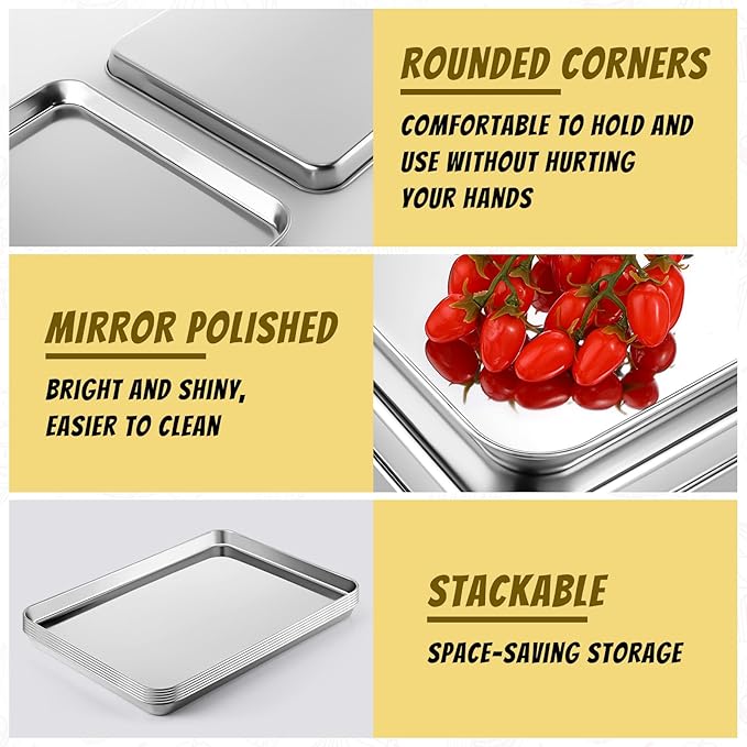 6 Pcs Baking Sheet Set Stainless Steel Cookie Sheet Cookie Baking Pan Bakeware Oven Tray Dishwasher Safe Commercial Grade Pans(20x14x1.2 Inch)
