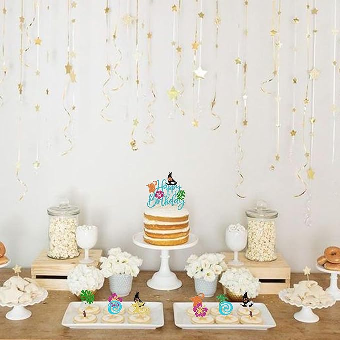 25 Pack Moana Cake Toppers Glitter Palm Leaf Moana Cake Picks The Sea is Calling Hawaiian Tropical Cupcake Decorations for Luau Summer Baby Shower Birthday Party Supplies Blue
