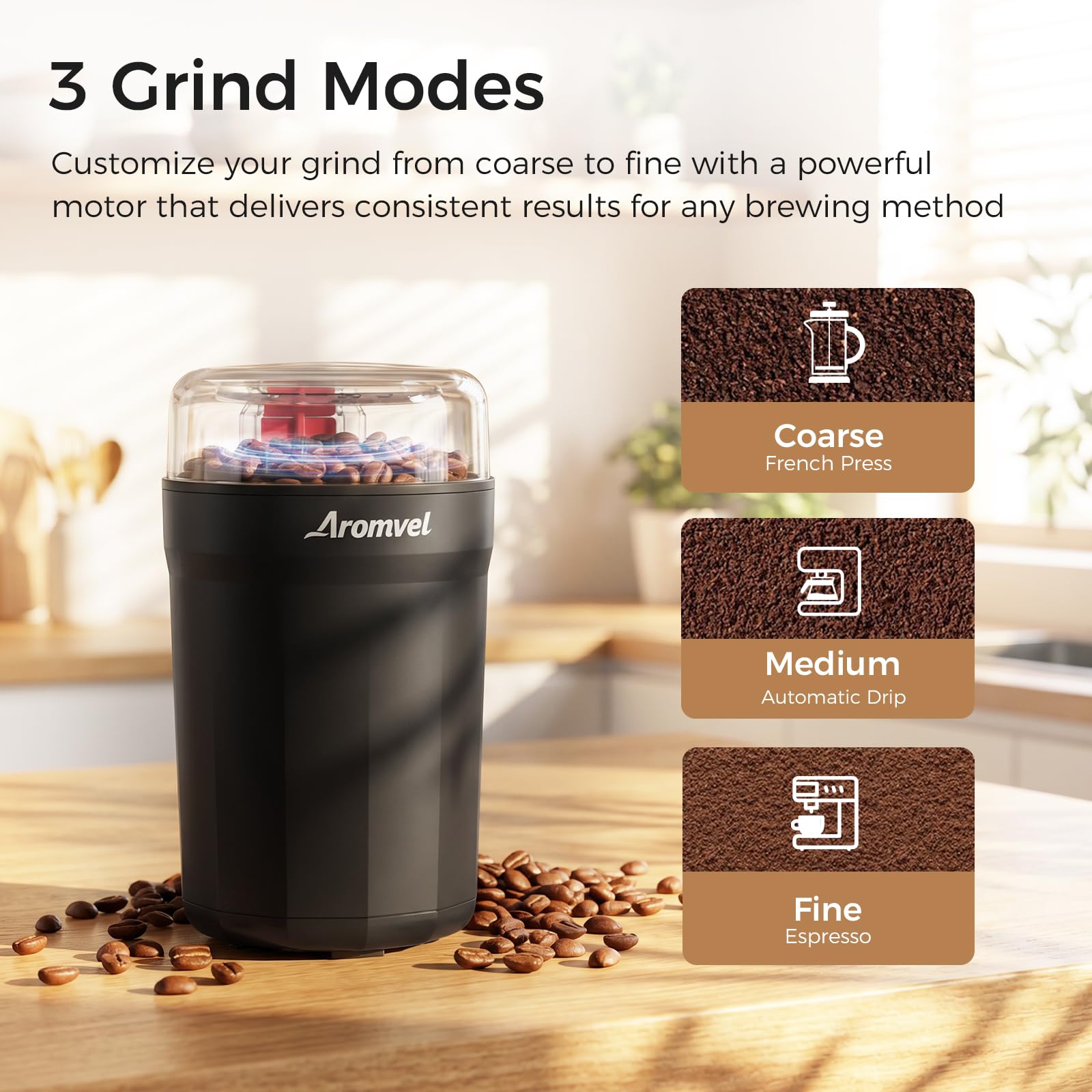 Aromvel Electric Coffee Grinder, 2-in-1 Cleaning Brush & Scoop, Safety Lid