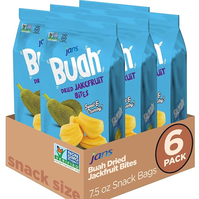 Jans Buah Dried Jackfruit Chips 7.05 oz (Pack of 6) Jack Fruit Chips ??Real Fruit Snack ??Gluten-Free, Sweet & Crunchy ??Ready-to-Eat Healthy Snack ??No Artificial Flavors ??Perfect for Travel, Office, or Anytime Snacking