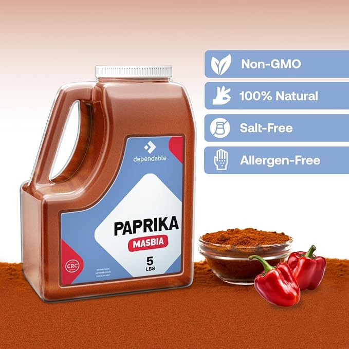 Dependable Foods Paprika Spice ??5 Lb. Bulk Jar ?? 100% Natural, Non-GMO, No Additives, Salt-Free Seasoning | Kosher, Allergen-Free