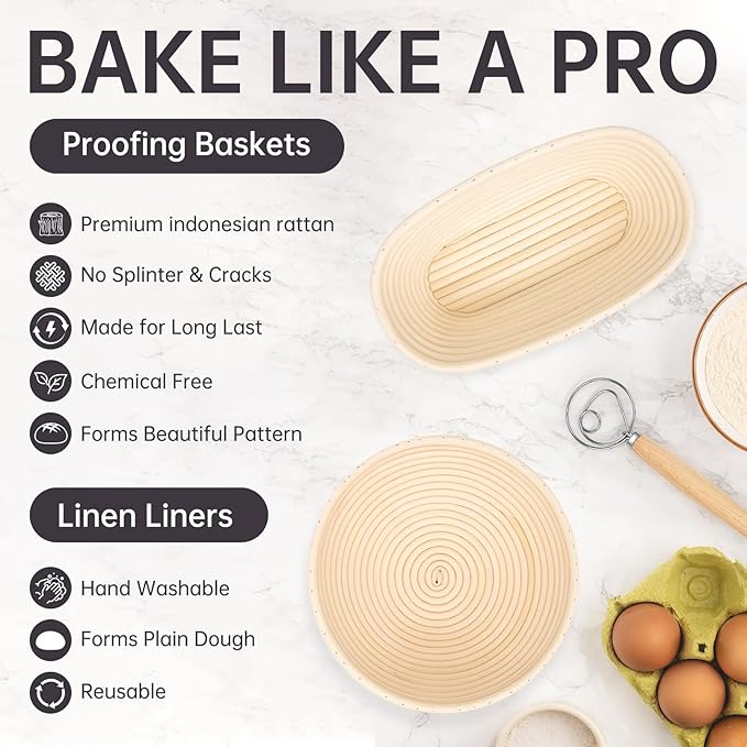 Banneton Bread Proofing Basket, 9" Round & 10" Oval Sourdough Bread Baking Supplies, Bread Making Supplies Tools, with Bread Lame, Danish Whish, Bowl Scraper, Sourdough Scraper, and Linen Liners