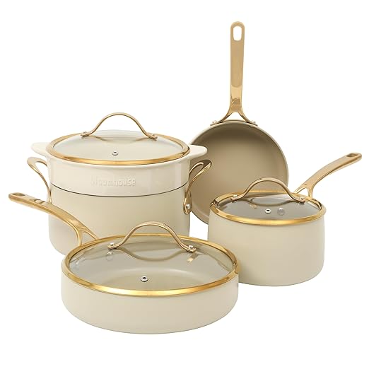 bloomhouse 8 Piece Pots and Pans Heavy Duty Aluminum Premium PFA Free Ceramic Nonstick Cookware Set - Almond Cream w/Gold Handle