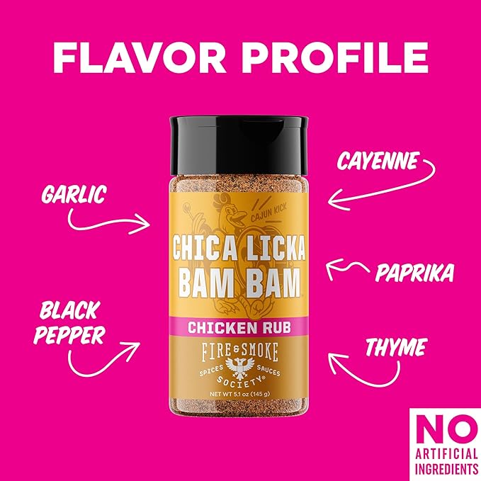 Fire & Smoke Society Chica Licka Bam Bam Chicken Seasoning | BBQ Seasonings and Rubs for Smoking and Grilling | Chicken Wings, Turkey Rub, Poultry Seasoning | Black Pepper, Paprika, Garlic | M 5.1 oz