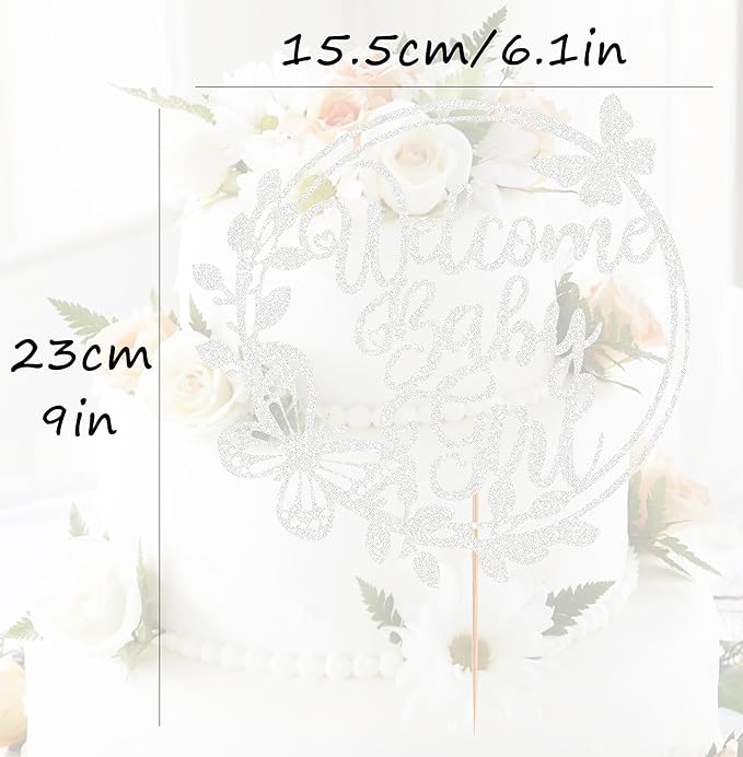 Welcome Baby Girl Cake Topper - Silver Glitter Baby Shower Cake Decorations, Baby Girl Cake Decor, for Baby Shower/Birthday Party/Gender Reveal Party Photo Booth Props