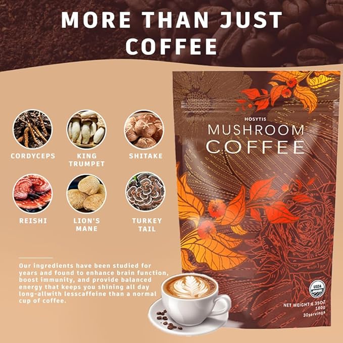 Mushroom Coffee With Lion's Mane, Reishi, Cordyceps, Shiitake, King Trumpet & Turkey Tail Everyday Dose (30 Servings) Premium Instant Coffee for Better Focus, Energy竊?.35 Ounce Pack of 180g竊?,<div>