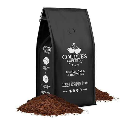 Couple?™s Coffee Ground Coffee | Gives Back to Military Families | Medium Dark and Handsome | A Smooth Medium Roast Blend | Made with 100% Arabica Beans | 12oz bag brews about 34 cups