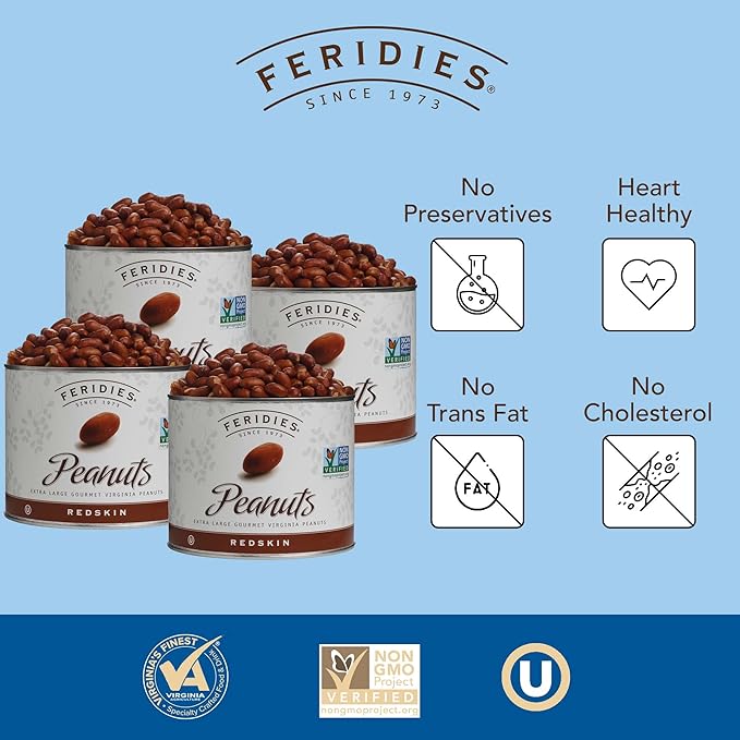 FERIDIES Skin On Extra-Large Salted Virginia Peanuts Cooked in Peanut Oil, Non-Gmo, Kosher 36oz Pack of 4