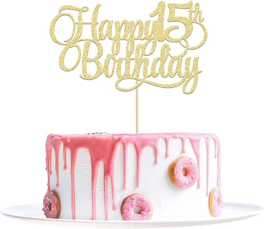 1 Pack Happy 15th Birthday Cake Topper Glitter Number 15 Fifteen Years Old Birthday Cake Pick Decoration for 15th Birthday Celebrating Anniversary Party Supplies Gold
