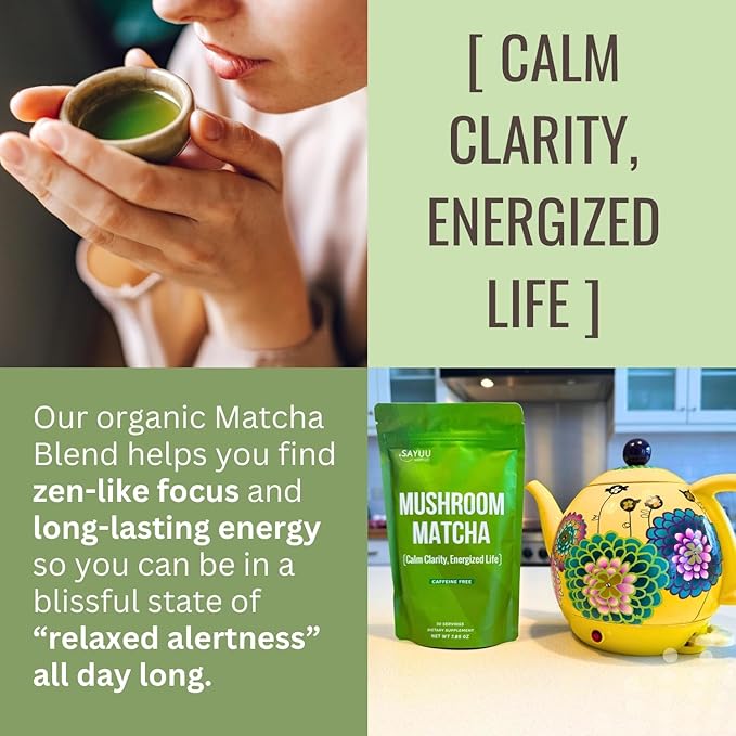 SAYUU Mushroom Matcha Coffee Powder ??Instant coffee Blend with Functional Mushrooms for Calm Focus, Stamina, and Immune Support - 30 Servings