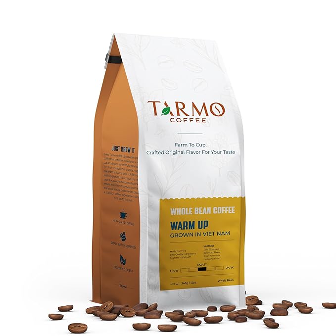 TARMO - WARM UP | Low Acid 100% ROBUSTA Whole Bean Coffee | Specialty Vietnamese Coffee | Single Origin Medium Roast Coffee Beans | 12 Oz Bag