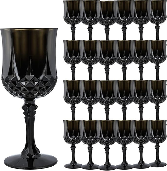 Plastic Wine Glasses，Plastic Goblets Vintage Style Cordial Drinking Glasses for Wedding Reception, Halloween Grand Event Party Supplies (24, Black)