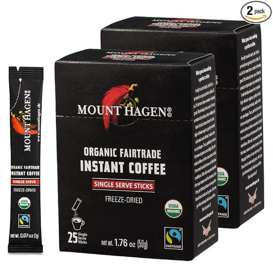 Mount Hagen 25 Count Single Serve Instant Coffee Packets - 2 Pack | Organic Medium Roast Arabica Beans [2 x 25 sticks/1.76oz/50g]