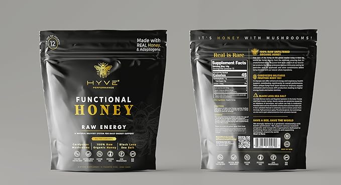 HYVE Functional Pre-workout Honey – Raw Energy Sachets with Organic Cordyceps Mushrooms, Black Lava Sea Salt & Organic Honey – Natural Energy Boost, Pack of 12, Salted Caramel